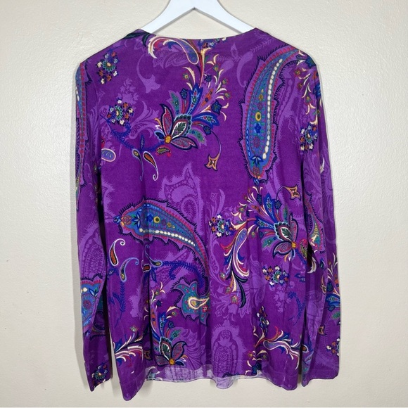 Talbots Shadow Paisley Purple Pure Merino Wool Long Sleeve Sweater Size XL - Picture 7 of 8
